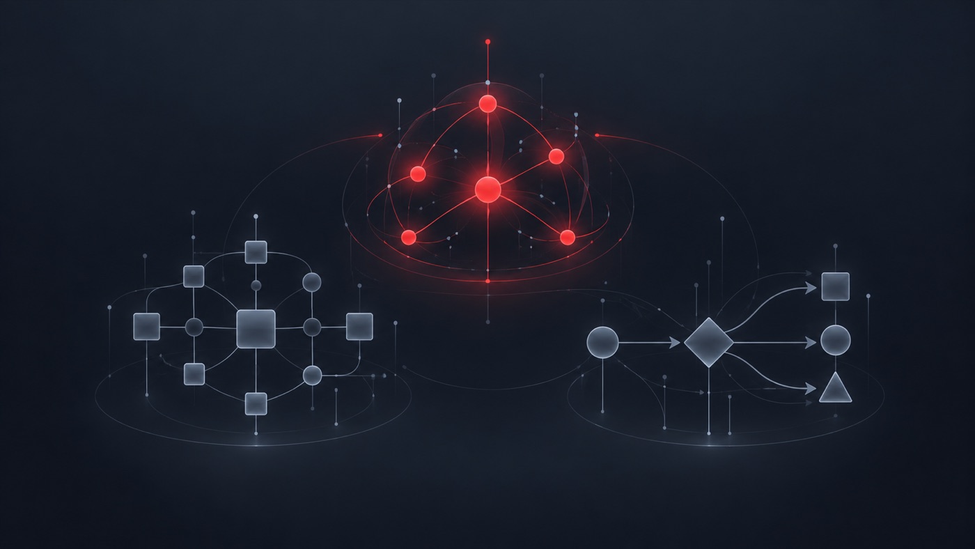Three abstract AI agent systems in Waveo's style - a node graph, a connected cluster, and minimal primitives - comparing LangGraph, CrewAI and OpenAI Agents SDK