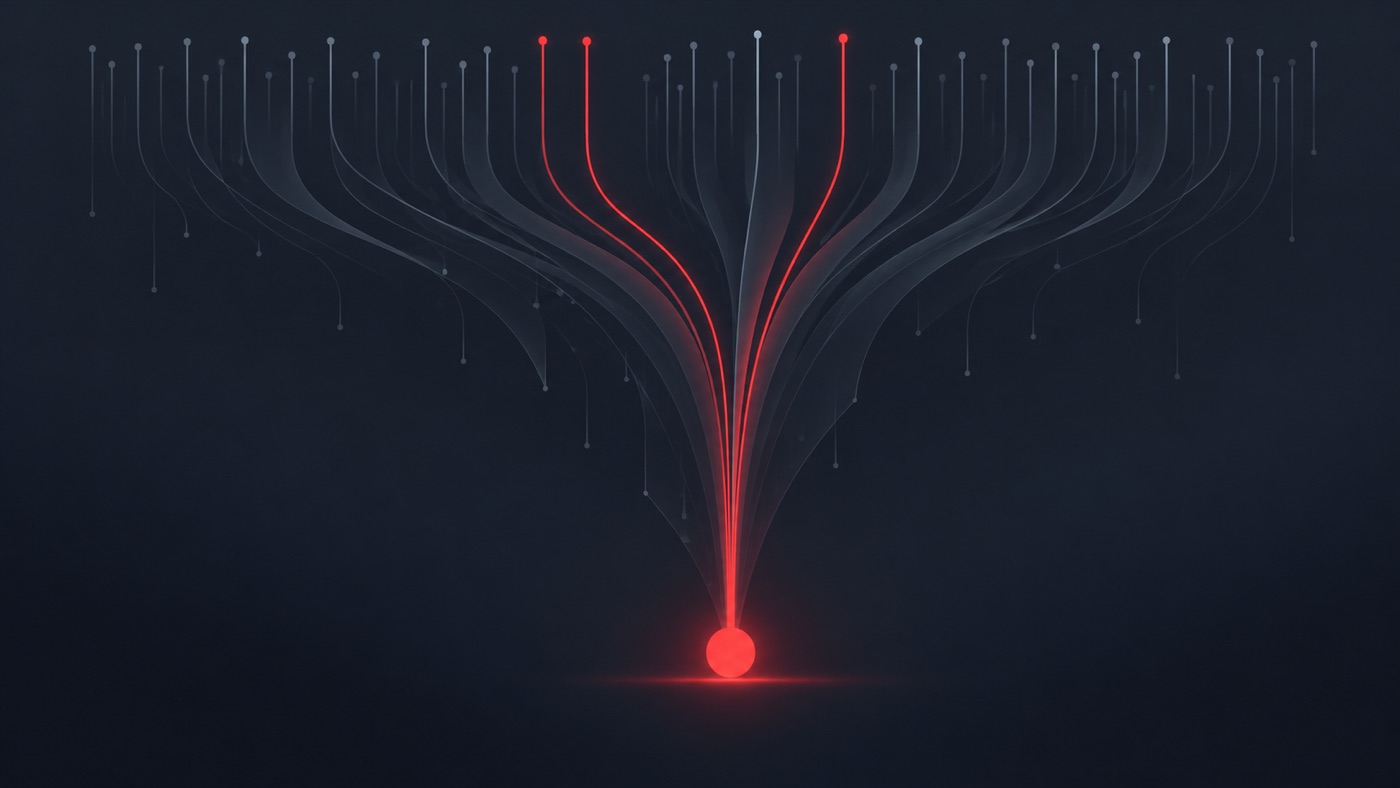 Abstract Waveo visual of data paths funneling down, most fading out and a few reaching one red success point - the AI project failure rate