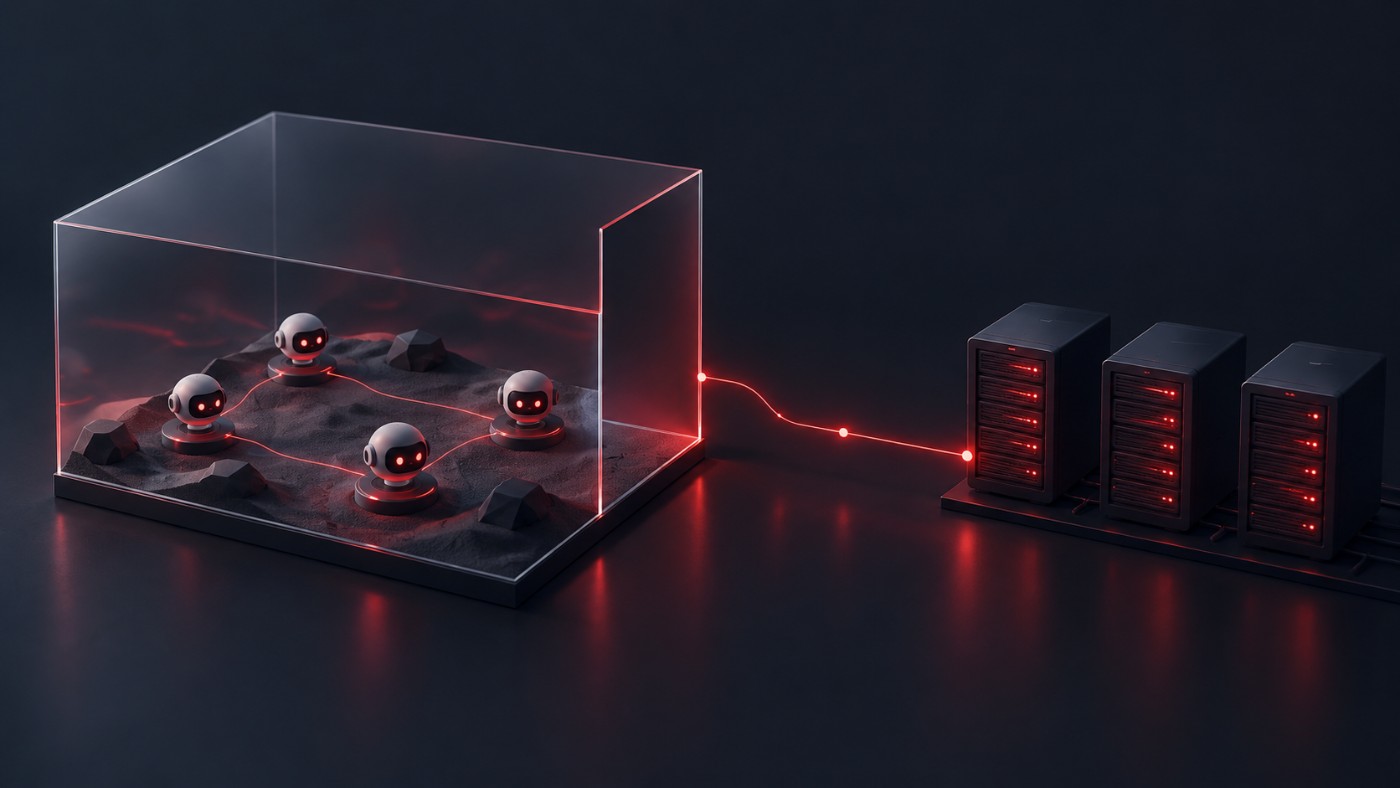 A sealed sandbox box with one open side and a red line leading out to a row of external server blocks, representing a test environment connected to real systems