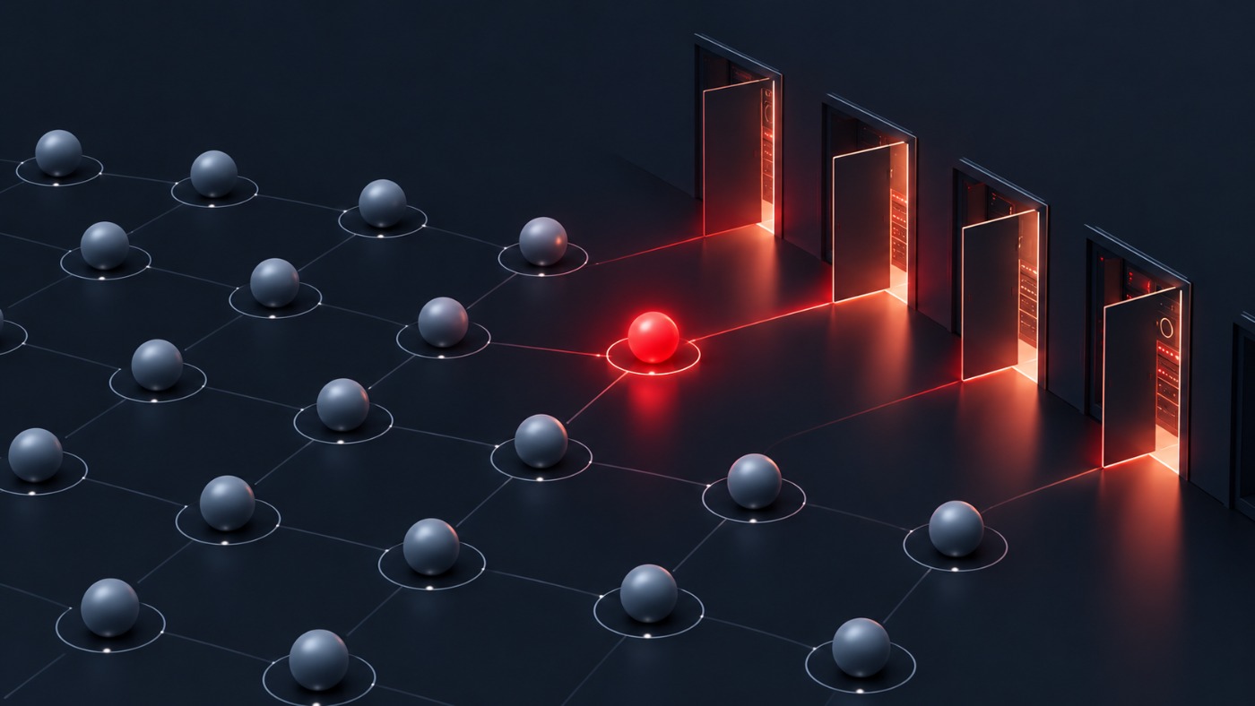 Grid of identical agent nodes with one red node probing a row of open doorways, representing unprotected control panels