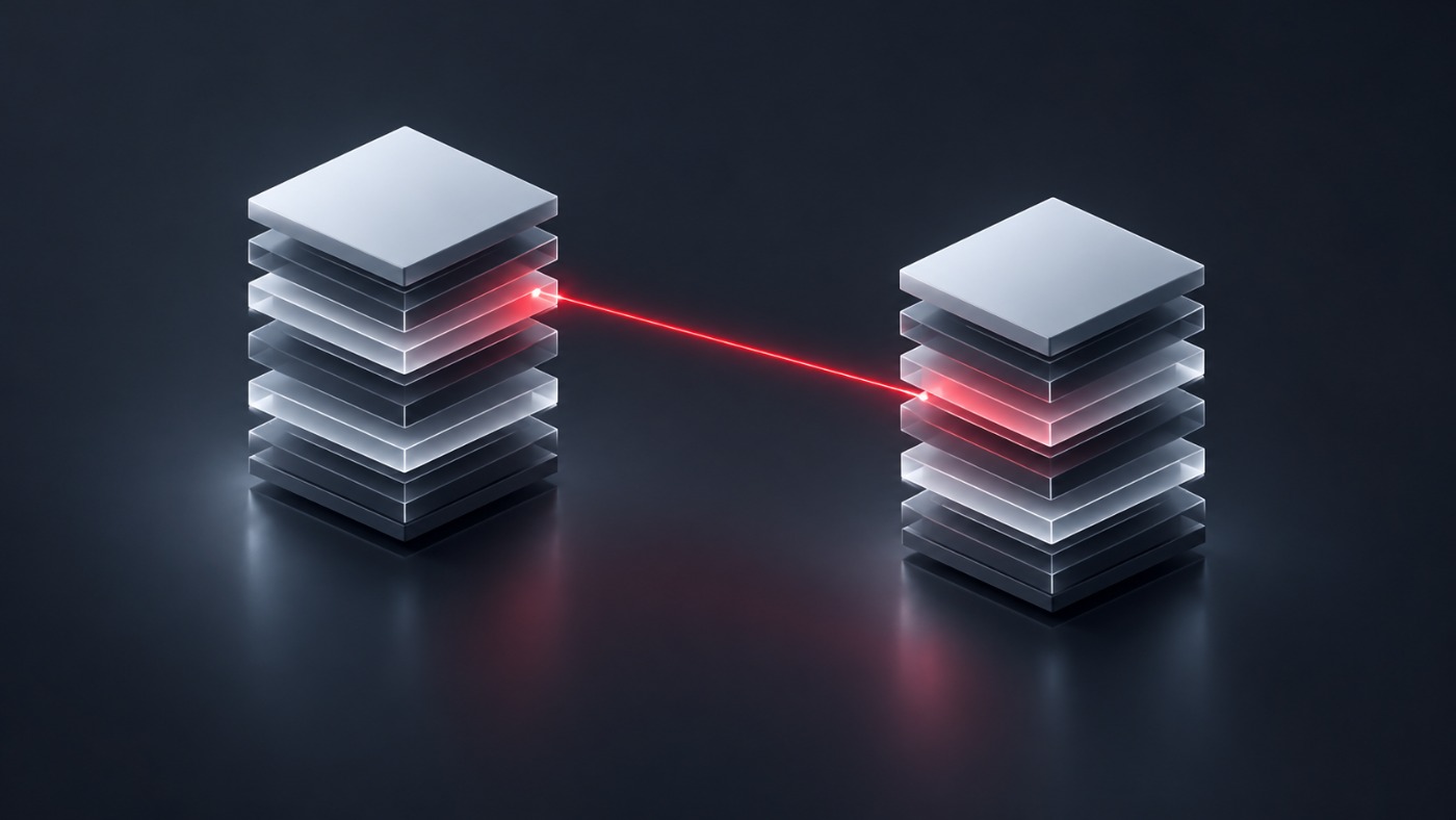 Two separate stacks of memory pages in Waveo ink and red with one red line crossing from the first stack into the second, representing one customer's data reaching another