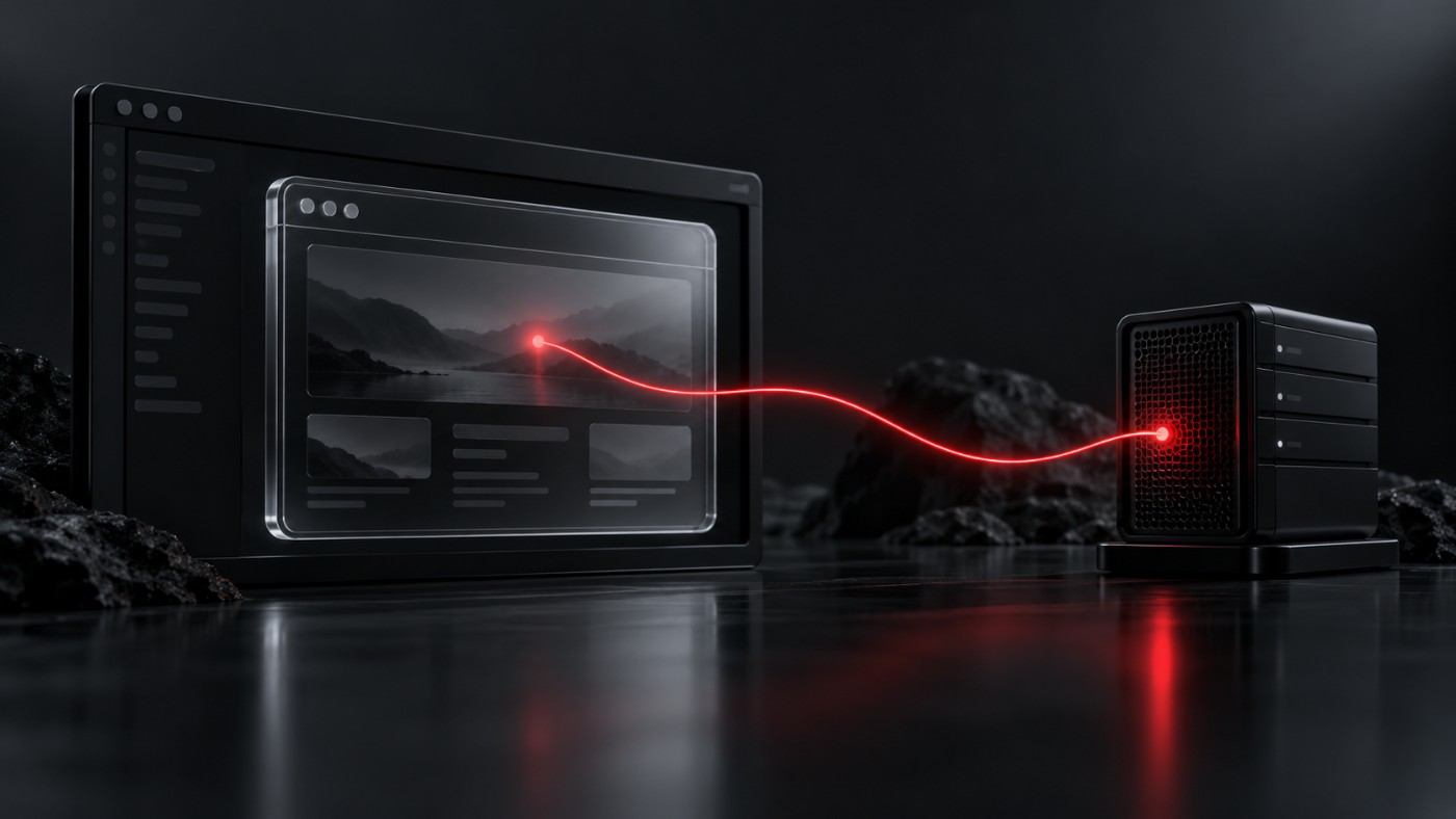 A browser window frame inside a code editor panel with one red line crossing from the browser into the editor, a web page reaching the machine behind it
