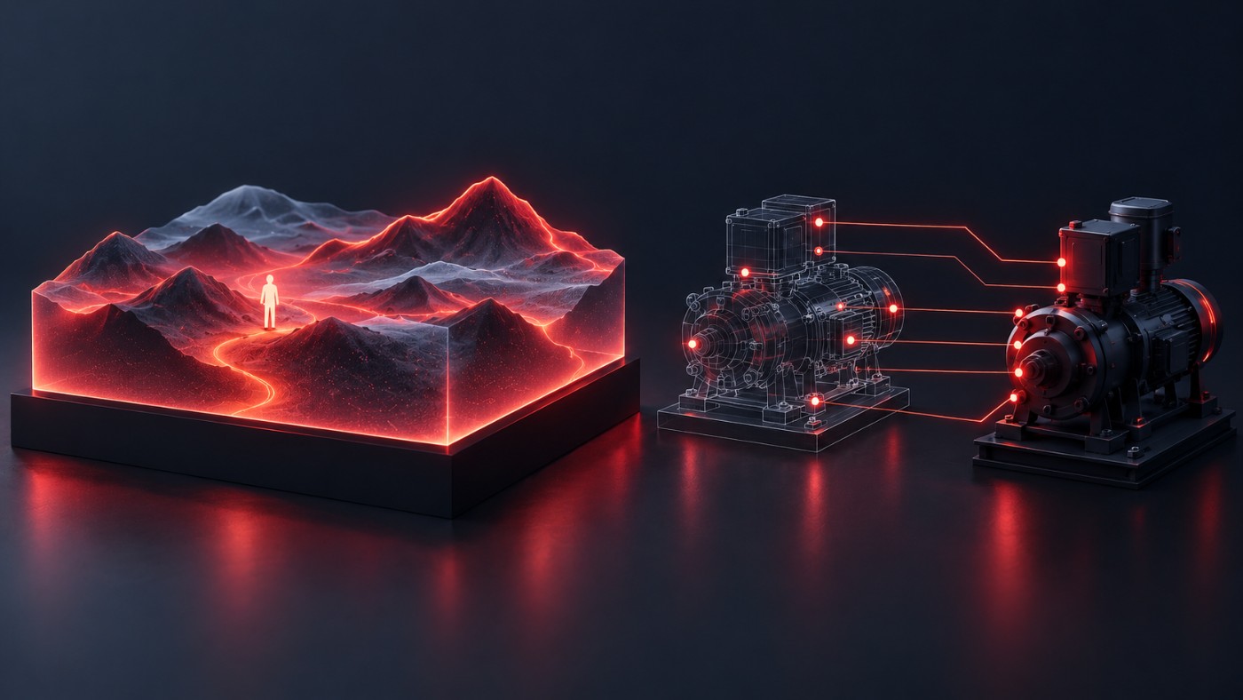 A glowing generated landscape block beside a wireframe model linked by sensor lines to a real machine, contrasting a generated world with a data-bound twin