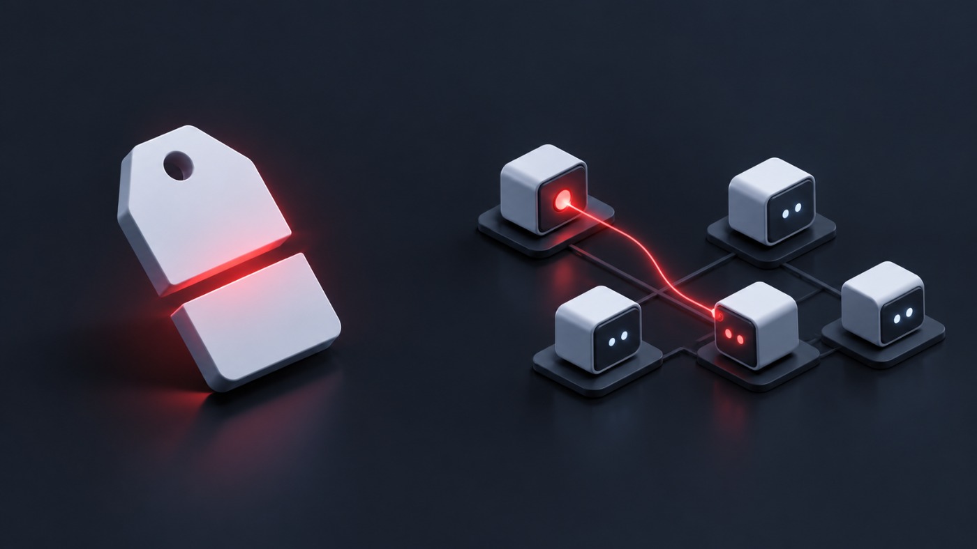 A price tag split in half beside a row of agent blocks, one of which follows a red message line from another block, in Waveo ink and red