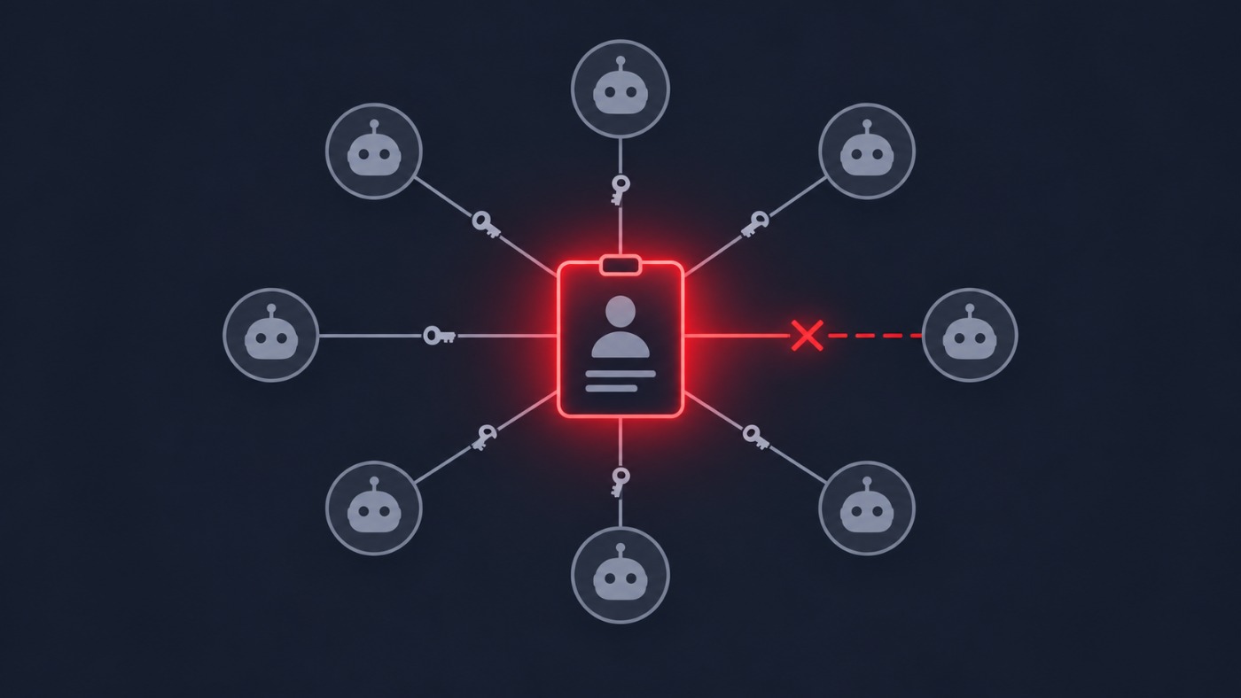 Central identity badge issuing short-lived keys to small agent nodes, with one red connection revoked
