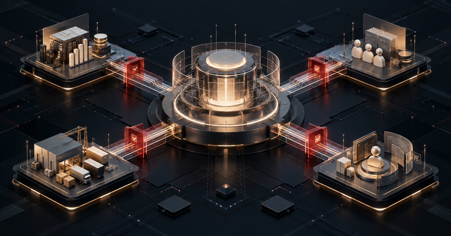 Governed AI coordination layer connecting finance, workforce, supply chain, and customer operations through approval gates