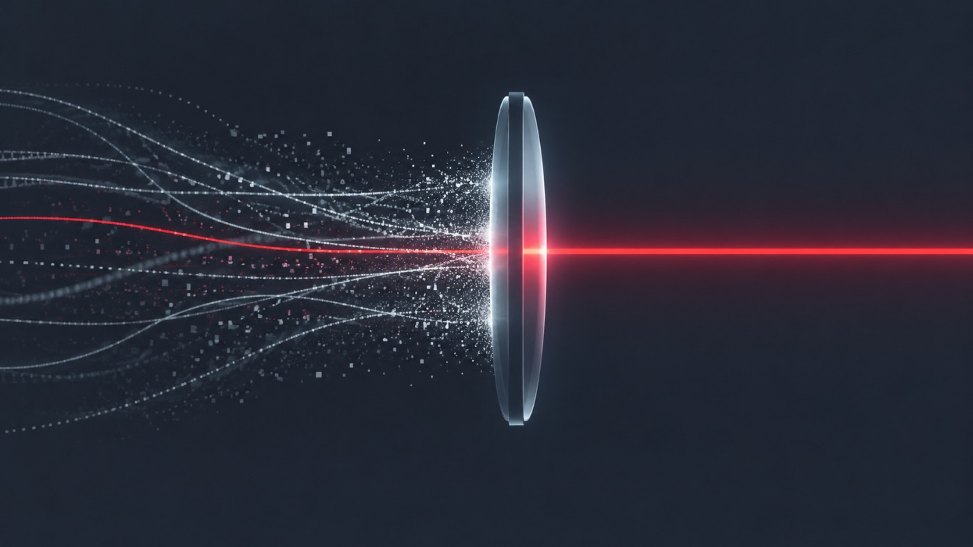 Three signal beams passing through a filter, one highlighted in red, separating signal from noise