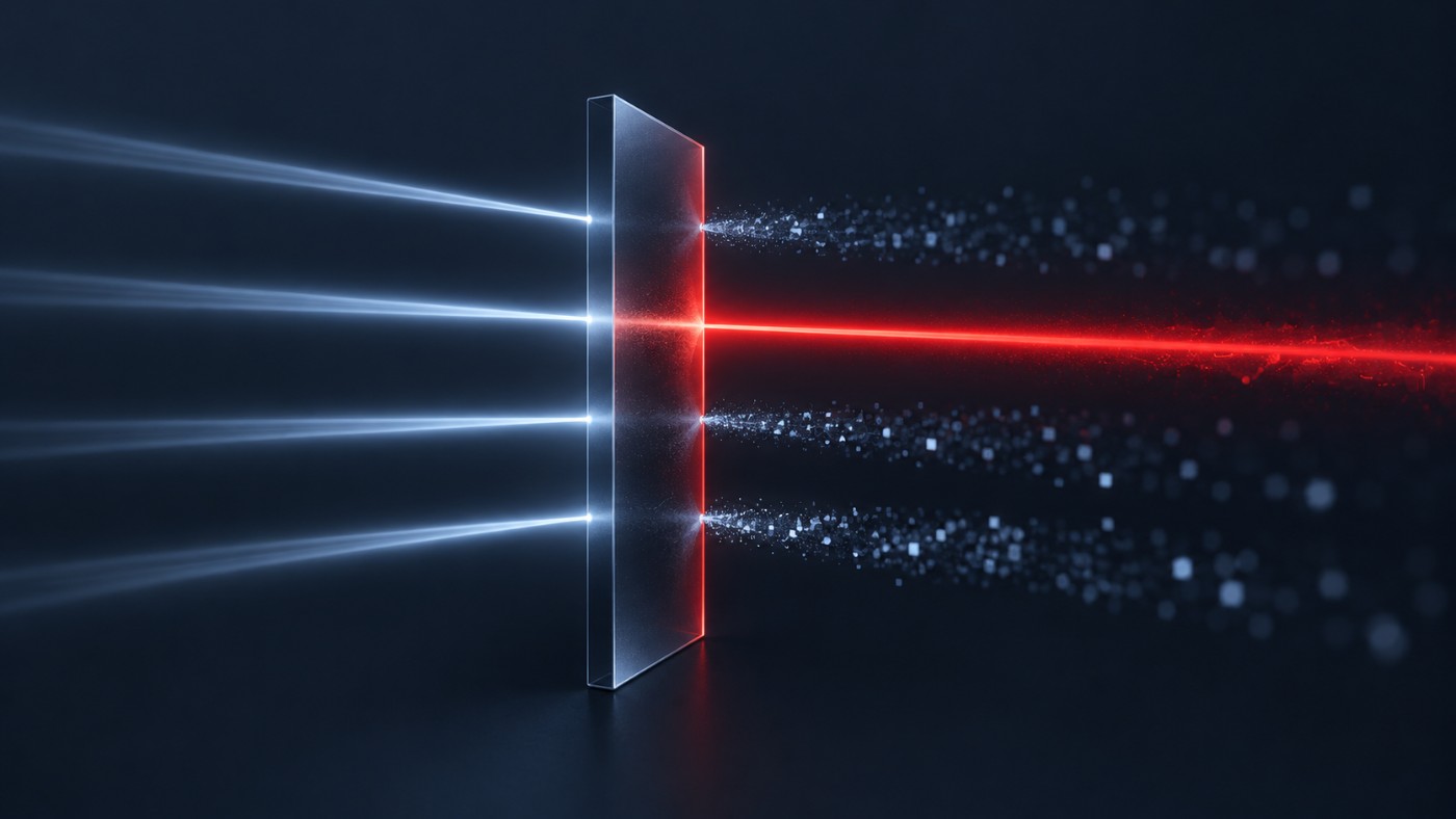 Four signal beams passing through a filter, one highlighted in red, separating signal from noise