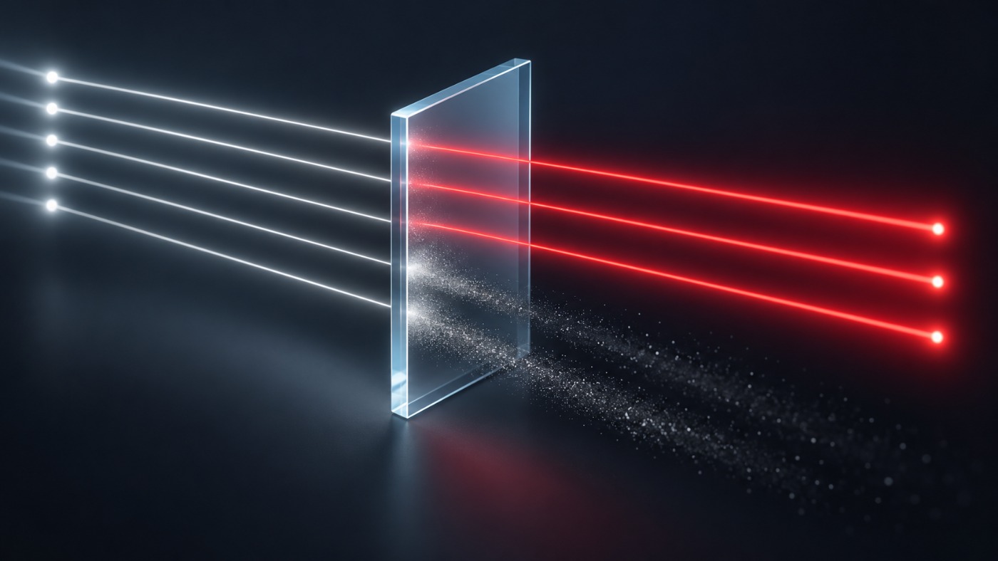 Five light beams entering a glass filter, three continuing as red beams and the rest dissolving into dust, separating signal from noise