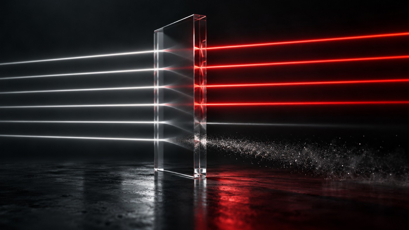 Six light beams entering a glass filter, four continuing as red beams, one dimmed and one dissolving into dust, separating signal from noise