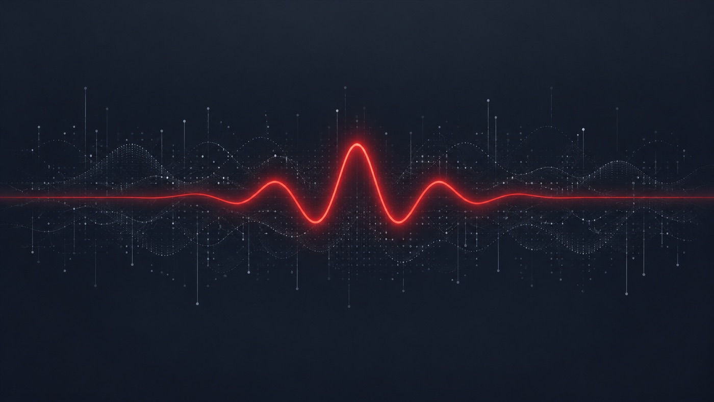 A clean red signal waveform cutting through grey digital noise - Waveo's Signal / Noise AI builder digest